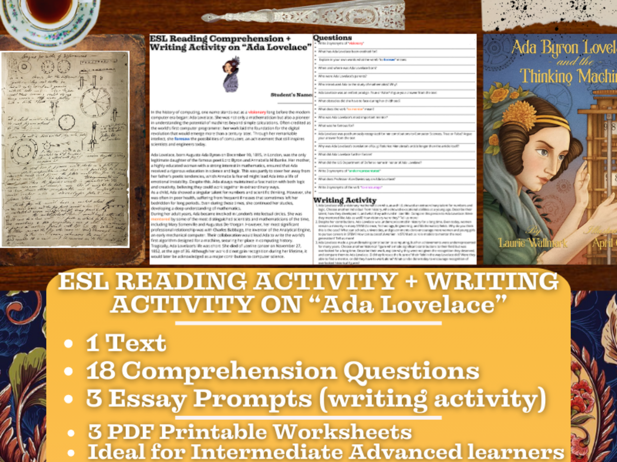 An educational teaching resource from Learning with Alan entitled ESL Reading Comprehension + Writing Activity Worksheets - Ada Lovelace downloadable at Teach Simple.