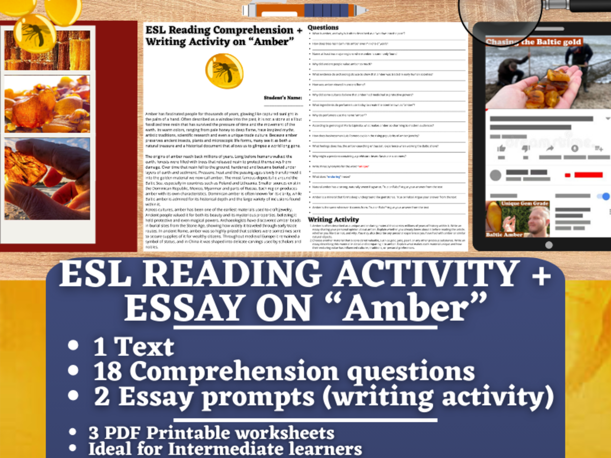 An educational teaching resource from Learning with Alan entitled ESL Reading Comprehension + Writing Activity Worksheets - Amber downloadable at Teach Simple.