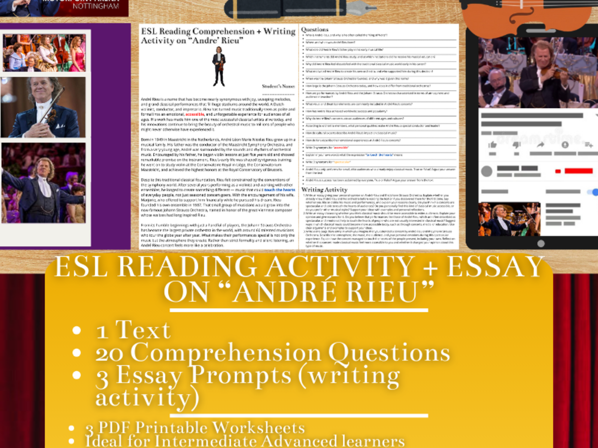 An educational teaching resource from Learning with Alan entitled ESL Reading Comprehension + Writing Activity Worksheets - André Rieu downloadable at Teach Simple.