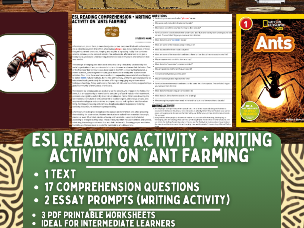 An educational teaching resource from Learning with Alan entitled ESL Reading Comprehension + Writing Activity Worksheets - Ants Farming downloadable at Teach Simple.