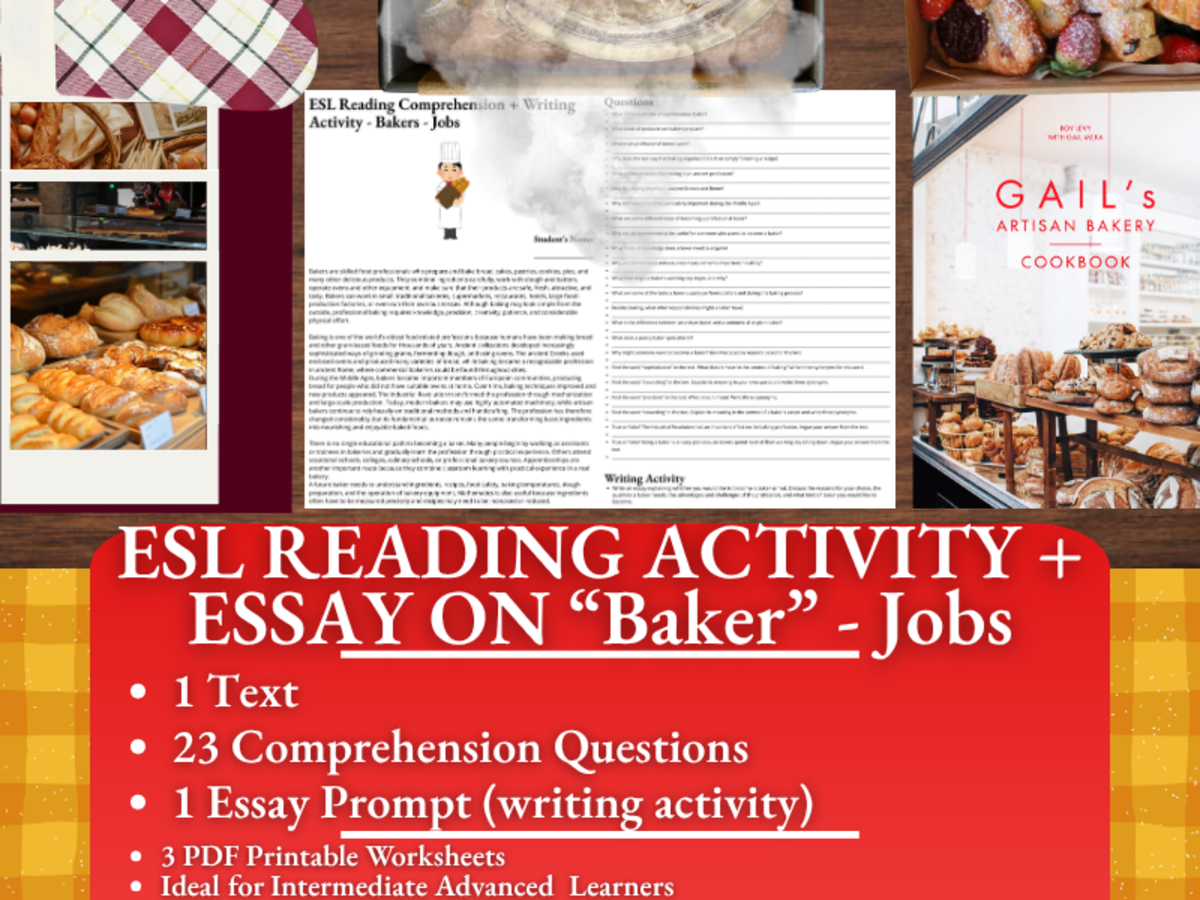 An educational teaching resource from Learning with Alan entitled ESL Reading Comprehension + Writing Activity Worksheets - Baker - Jobs downloadable at Teach Simple.