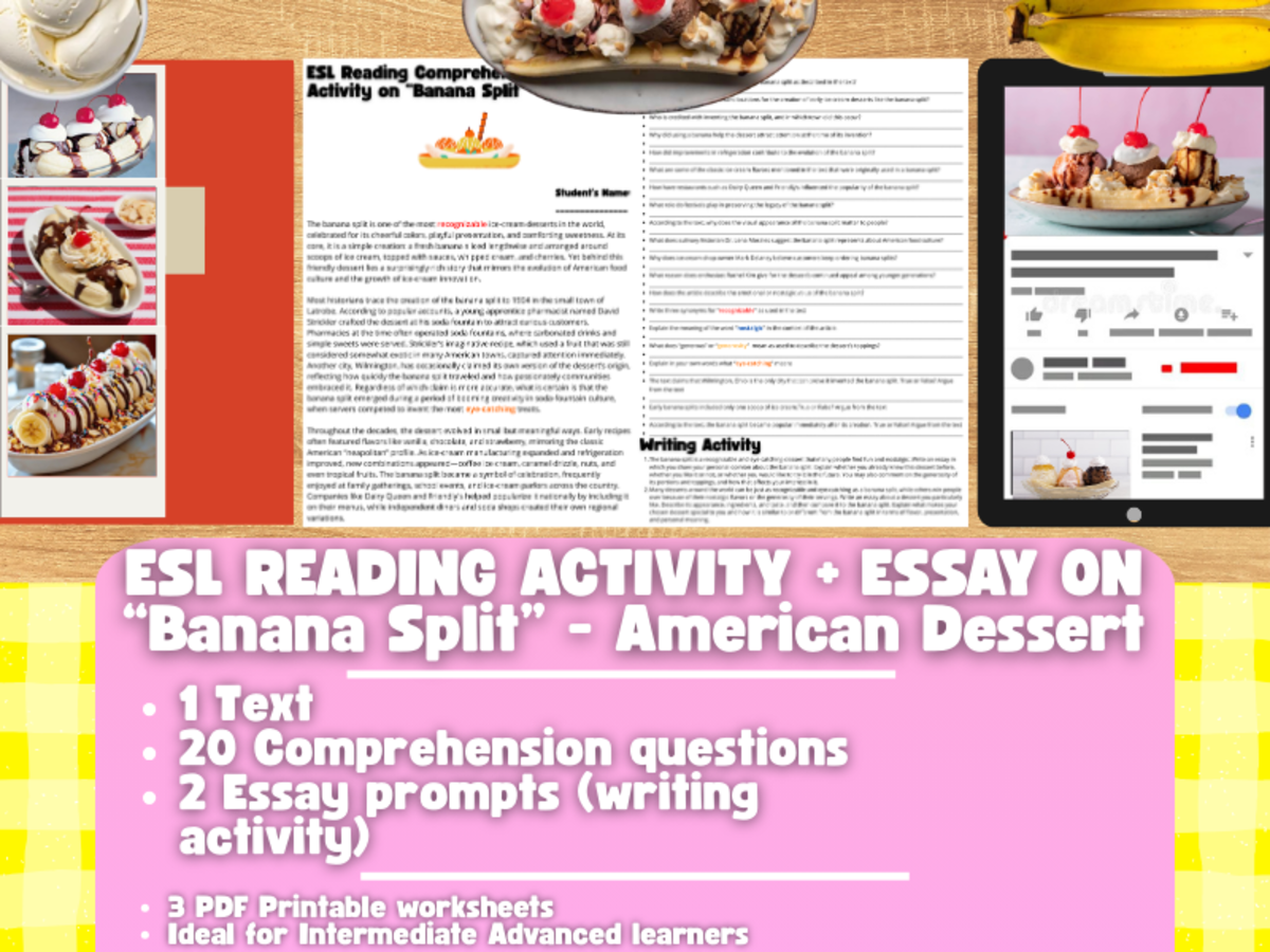 An educational teaching resource from Learning with Alan entitled ESL Reading Comprehension + Writing Activity Worksheets - Banana Split downloadable at Teach Simple.