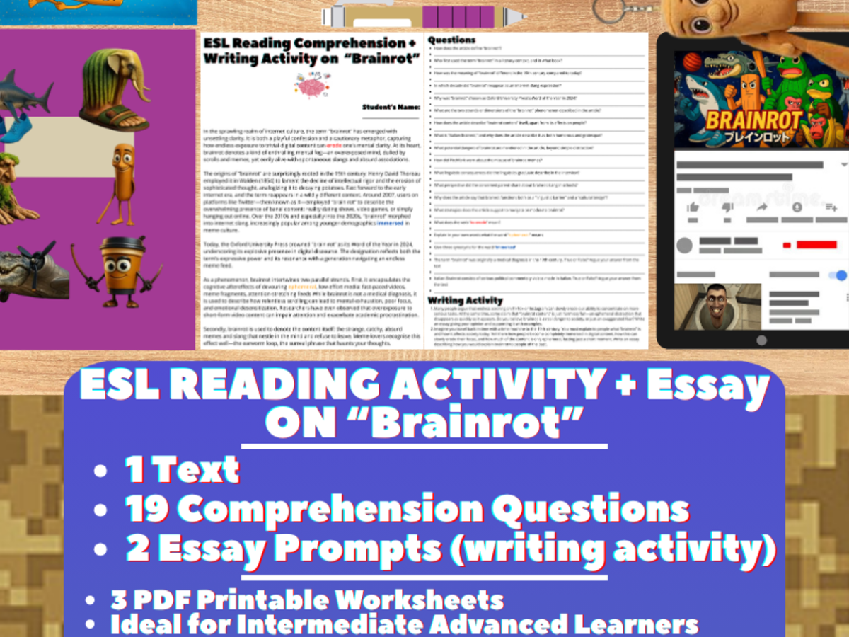 An educational teaching resource from Learning with Alan entitled ESL Reading Comprehension + Writing Activity Worksheets - Brainrot downloadable at Teach Simple.