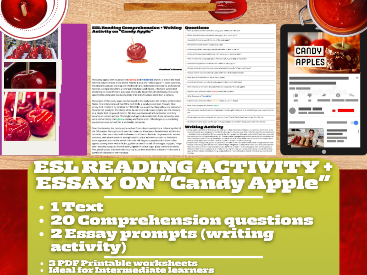 An educational teaching resource from Learning with Alan entitled ESL Reading Comprehension + Writing Activity Worksheets - Candy Apple downloadable at Teach Simple.
