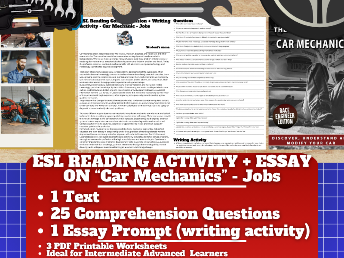 An educational teaching resource from Learning with Alan entitled ESL Reading Comprehension + Writing Activity Worksheets - Car Mechanic downloadable at Teach Simple.