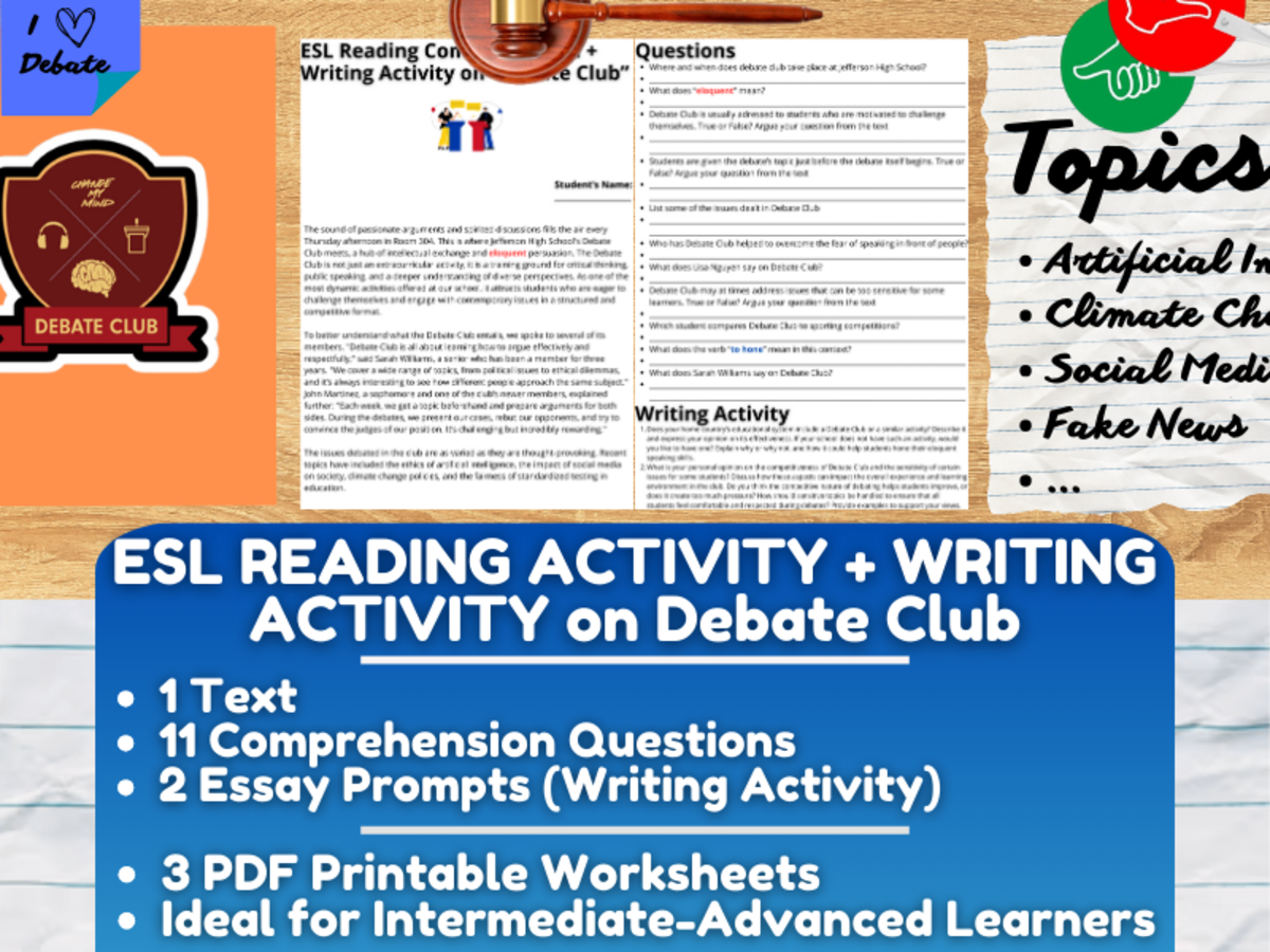 An educational teaching resource from Learning with Alan entitled ESL Reading Comprehension + Writing Activity Worksheets - Debate Club downloadable at Teach Simple.
