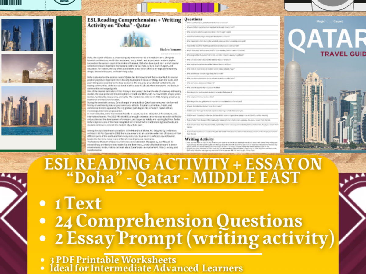 An educational teaching resource from Learning with Alan entitled ESL Reading Comprehension + Writing Activity Worksheets - Doha - Qatar downloadable at Teach Simple.