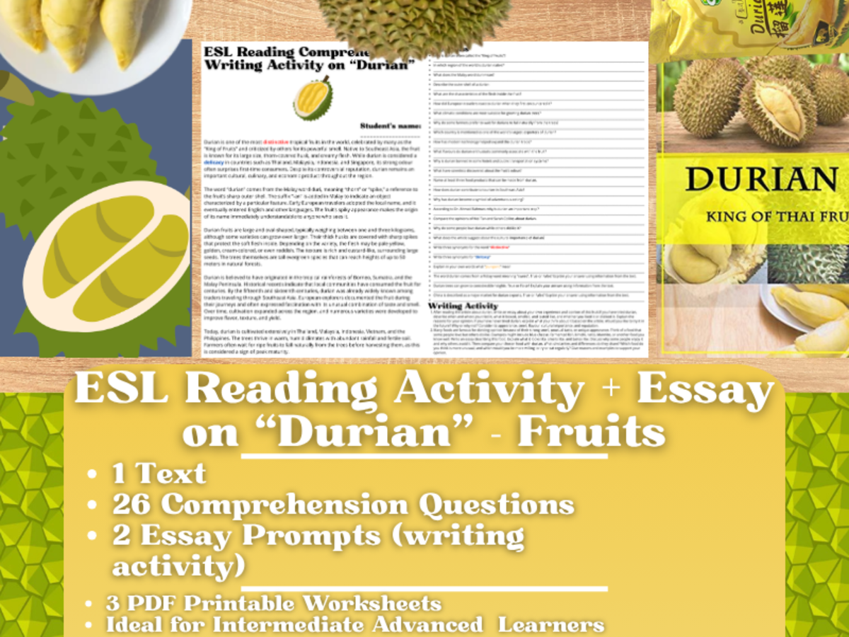 An educational teaching resource from Learning with Alan entitled ESL Reading Comprehension + Writing Activity Worksheets - Durian downloadable at Teach Simple.