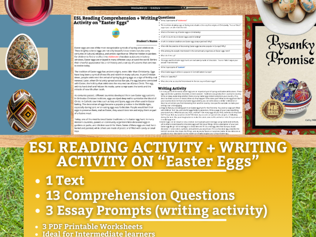 An educational teaching resource from Learning with Alan entitled ESL Reading Comprehension + Writing Activity Worksheets - Easter Eggs downloadable at Teach Simple.