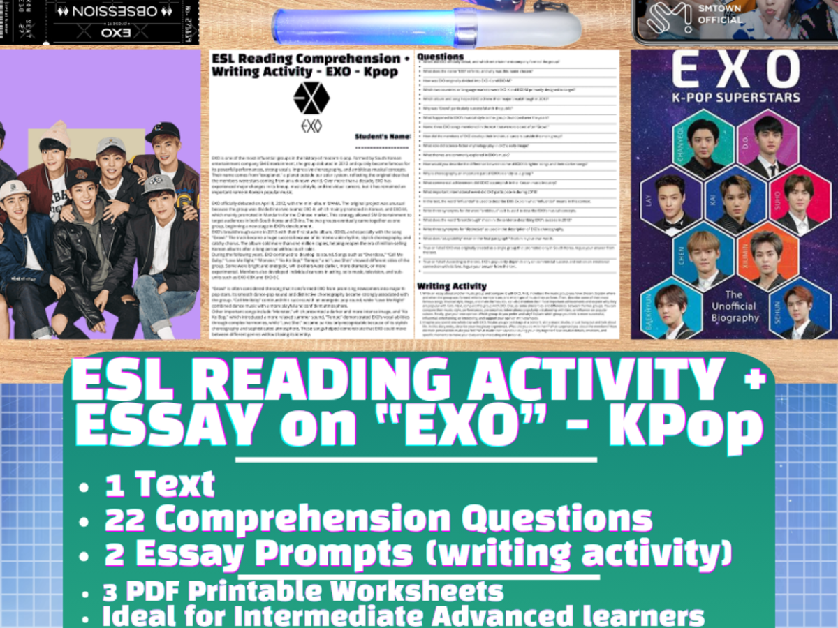 An educational teaching resource from Learning with Alan entitled ESL Reading Comprehension + Writing Activity Worksheets - EXO - K-Pop downloadable at Teach Simple.