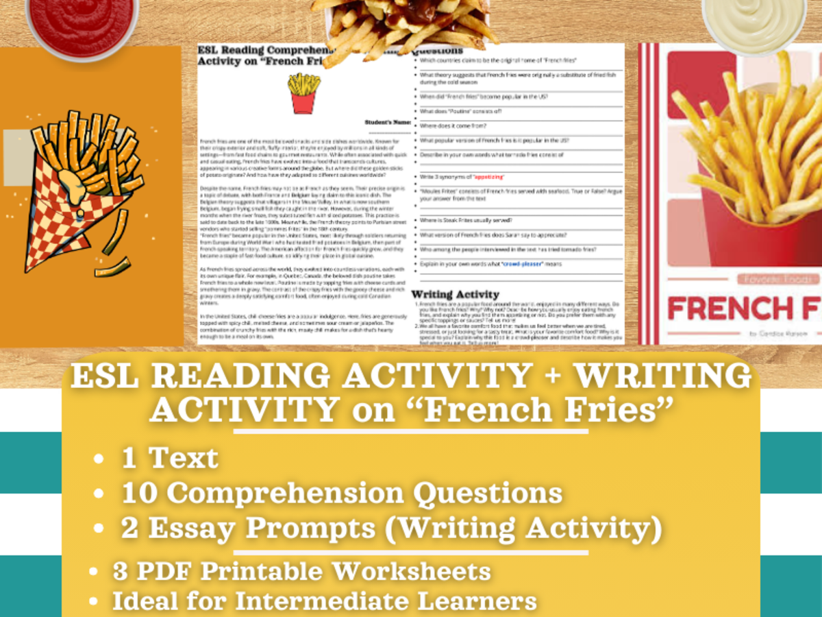 An educational teaching resource from Learning with Alan entitled ESL Reading Comprehension + Writing Activity Worksheets - French Fries downloadable at Teach Simple.