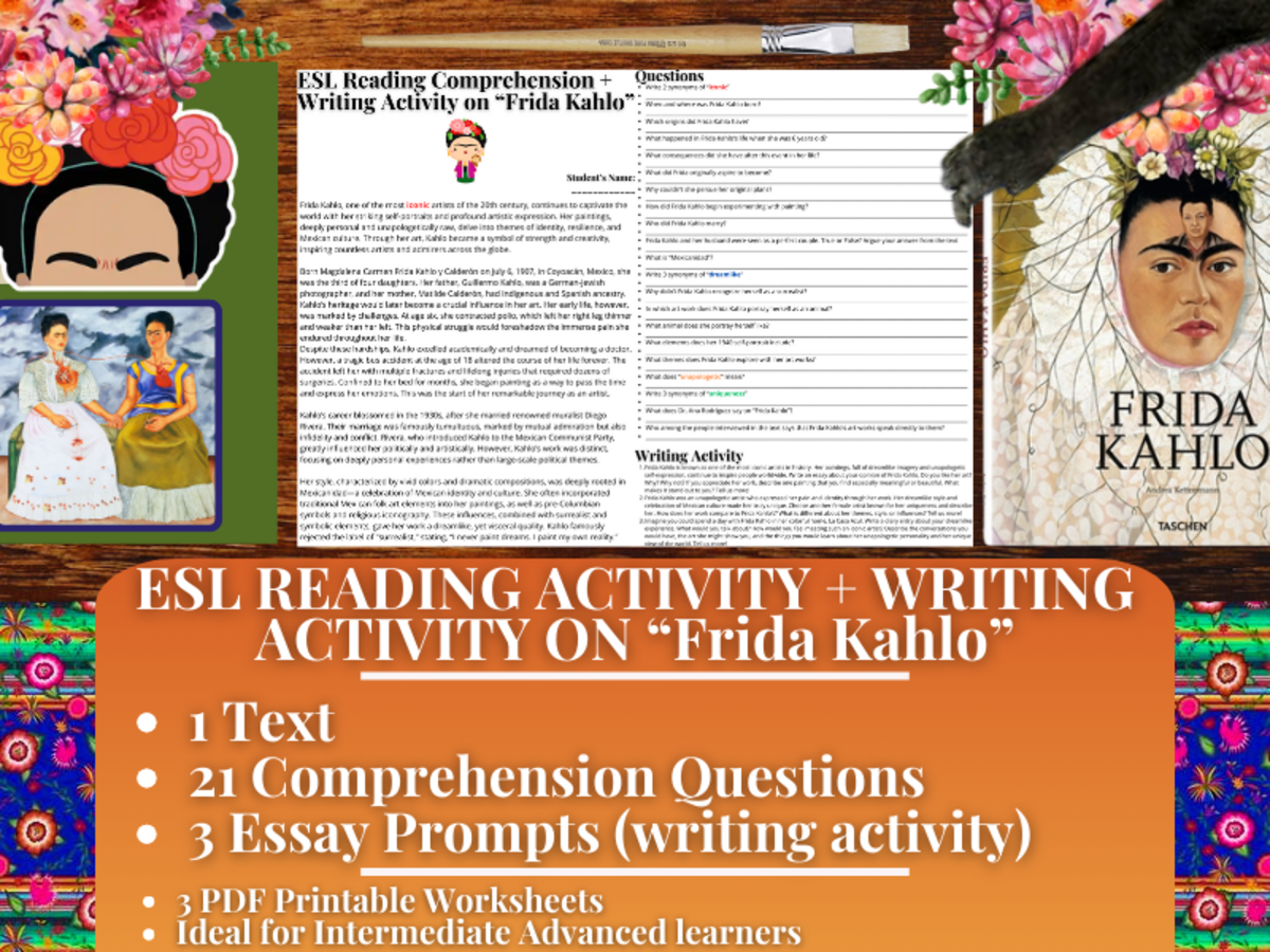 An educational teaching resource from Learning with Alan entitled ESL Reading Comprehension + Writing Activity Worksheets - Frida Kahlo downloadable at Teach Simple.