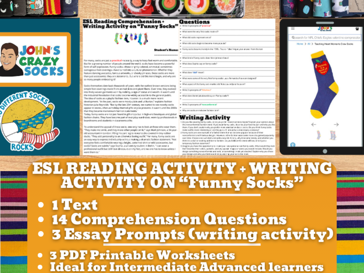 An educational teaching resource from Learning with Alan entitled ESL Reading Comprehension + Writing Activity Worksheets - Funny Sock downloadable at Teach Simple.