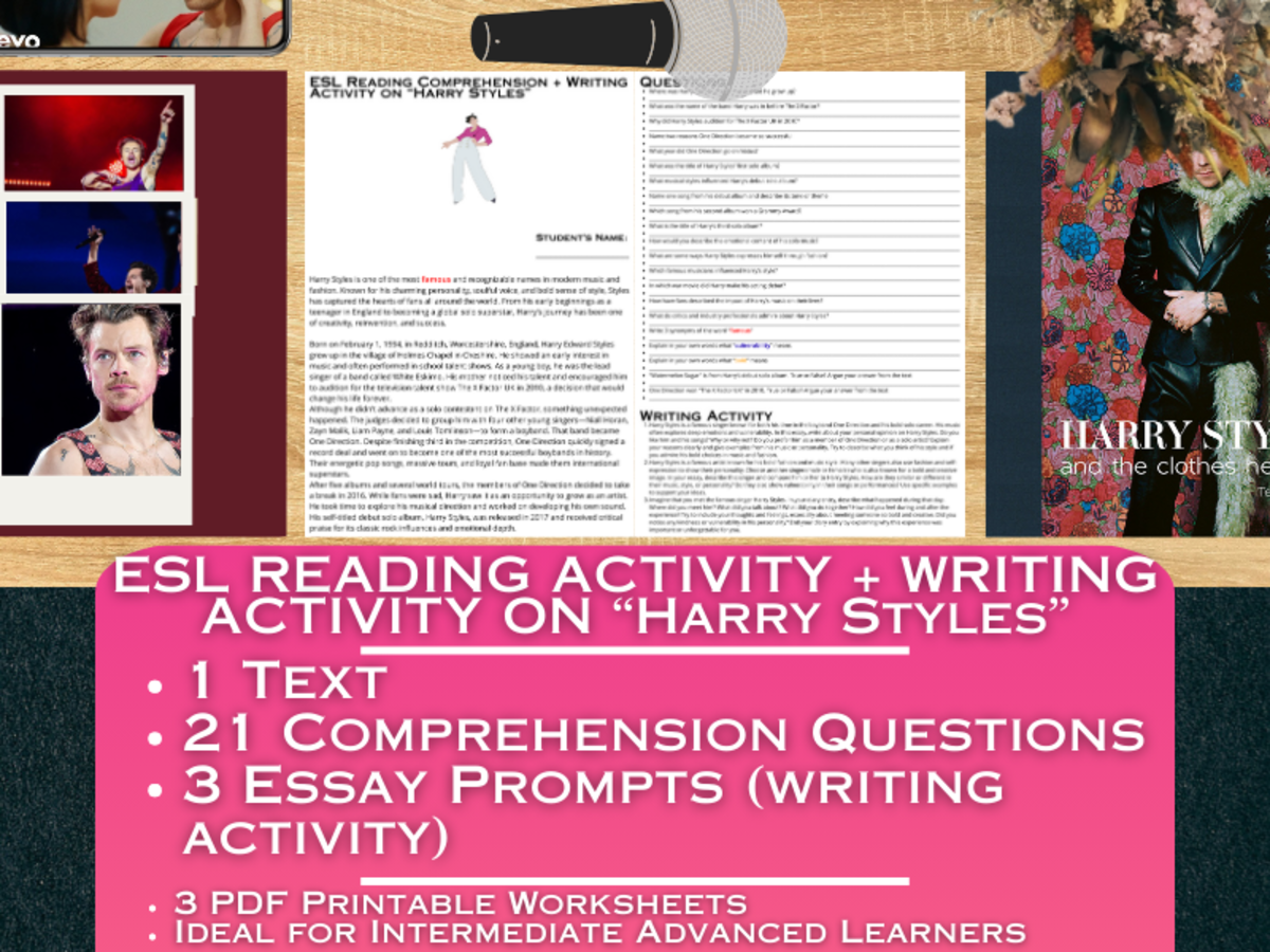 An educational teaching resource from Learning with Alan entitled ESL Reading Comprehension + Writing Activity Worksheets - Harry Styles downloadable at Teach Simple.
