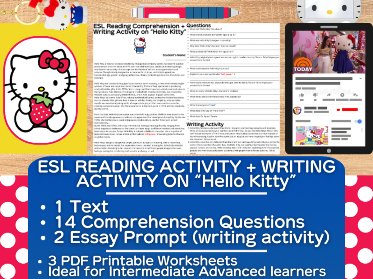 An educational teaching resource from Learning with Alan entitled ESL Reading Comprehension + Writing Activity Worksheets - Hello Kitty downloadable at Teach Simple.