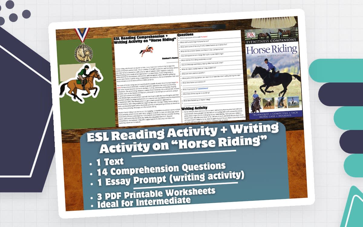 An educational teaching resource from Learning with Alan entitled ESL Reading Comprehension + Writing Activity Worksheets - Horse Riding downloadable at Teach Simple.