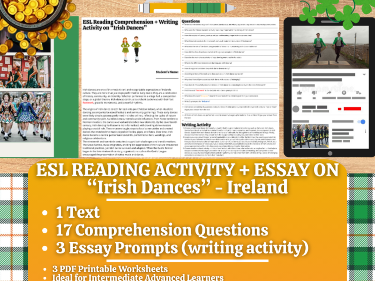 An educational teaching resource from Learning with Alan entitled ESL Reading Comprehension + Writing Activity Worksheets - Irish Dances downloadable at Teach Simple.