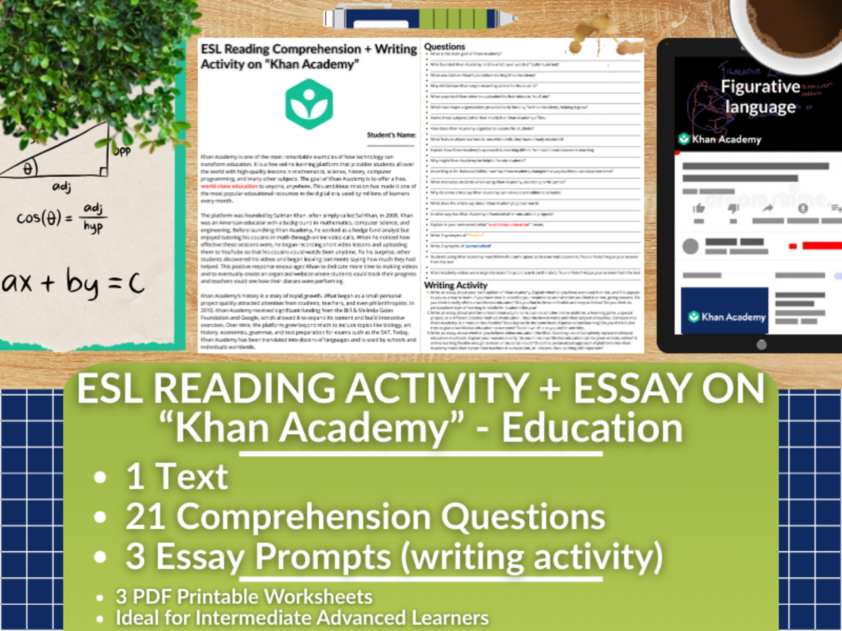 An educational teaching resource from Learning with Alan entitled ESL Reading Comprehension + Writing Activity Worksheets - Khan Academy downloadable at Teach Simple.