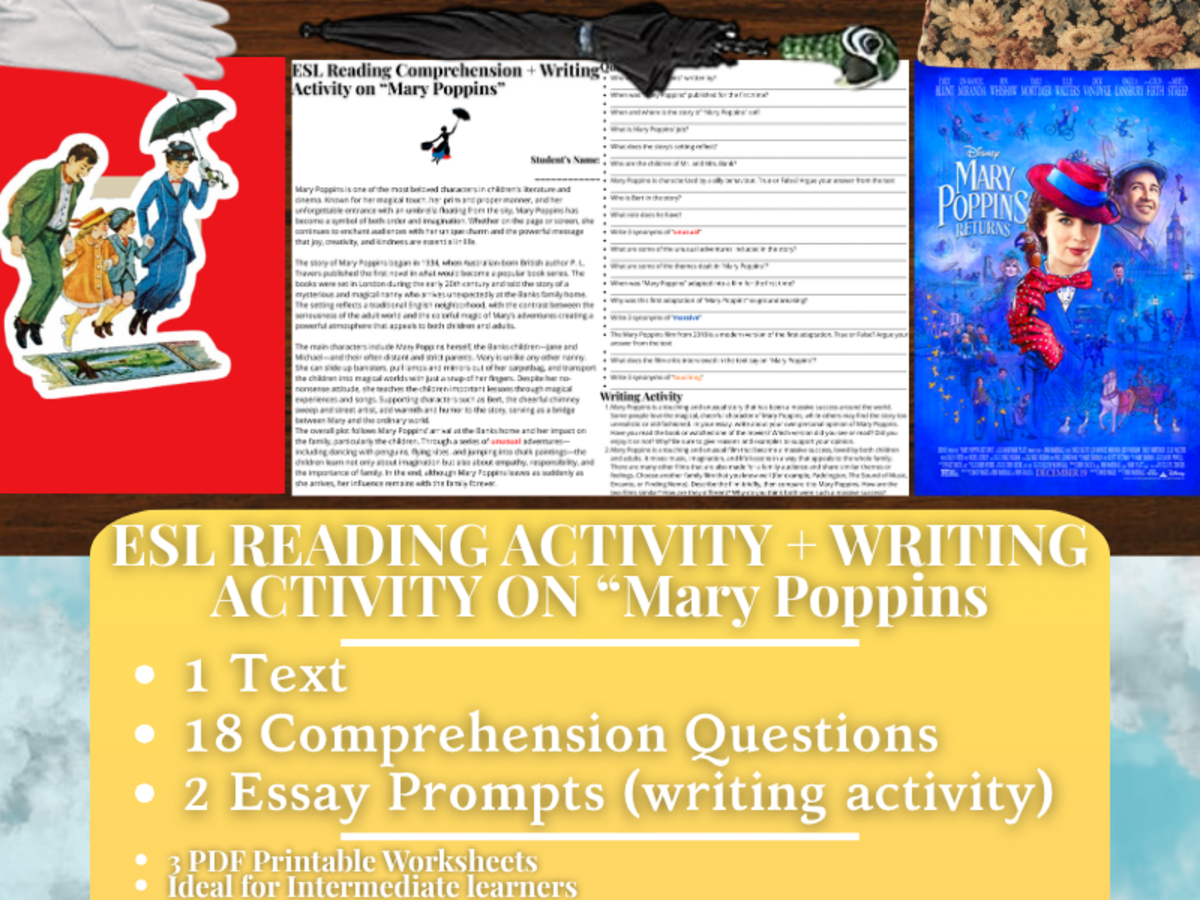 An educational teaching resource from Learning with Alan entitled ESL Reading Comprehension + Writing Activity Worksheets - Mary Poppins downloadable at Teach Simple.