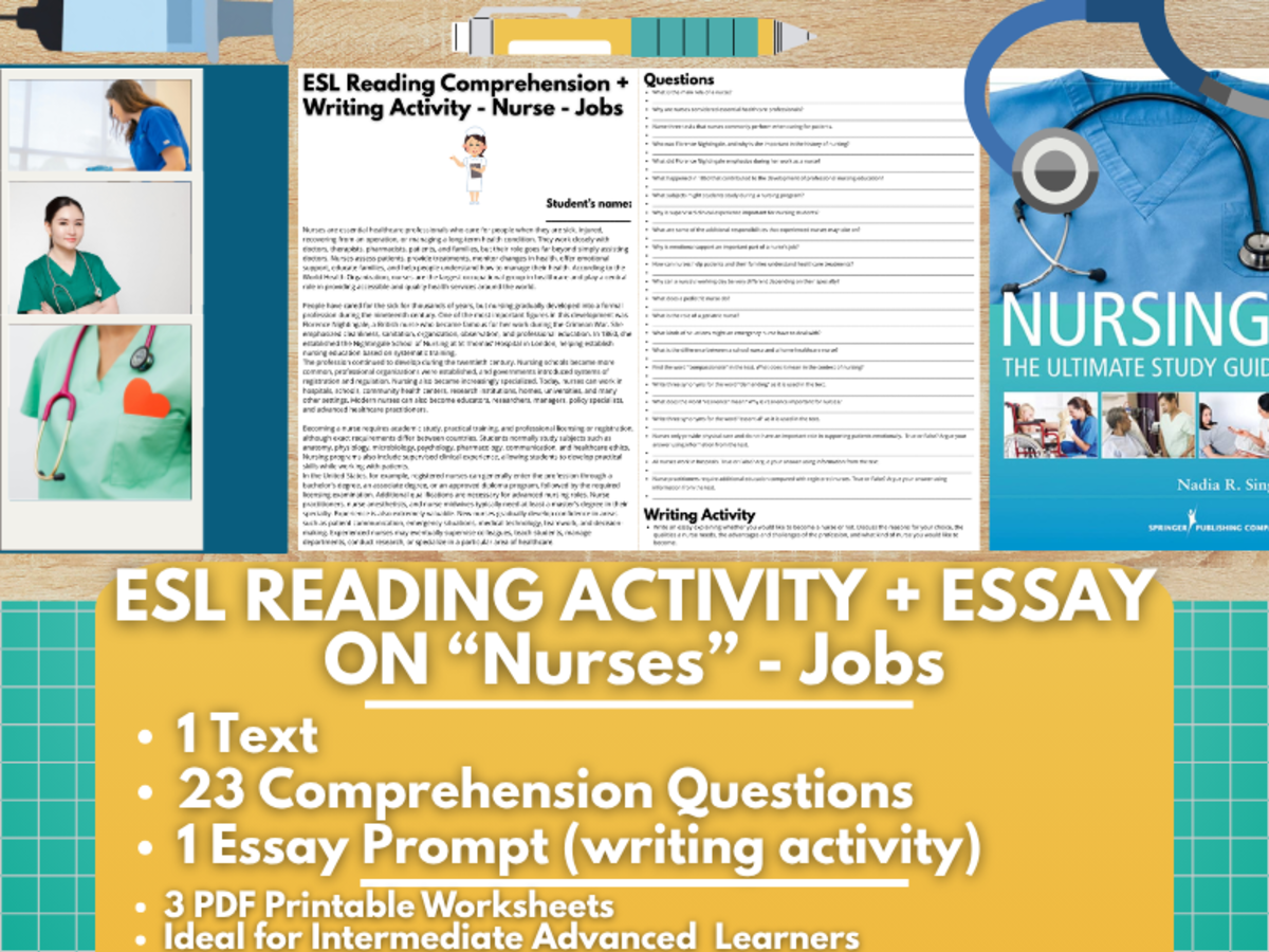 An educational teaching resource from Learning with Alan entitled ESL Reading Comprehension + Writing Activity Worksheets - Nurse - Jobs downloadable at Teach Simple.
