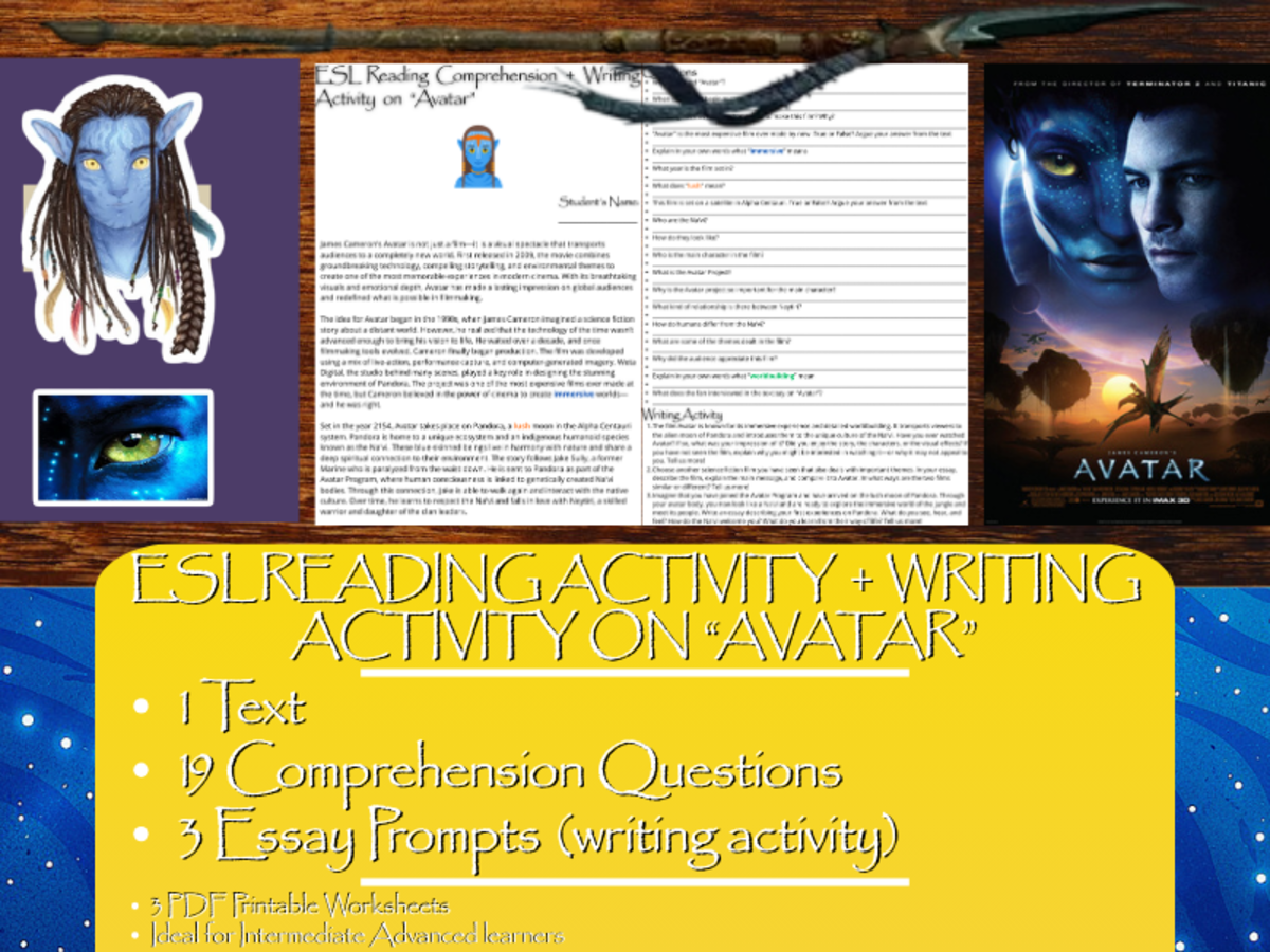 An educational teaching resource from Learning with Alan entitled ESL Reading Comprehension + Writing Activity Worksheets on "Avatar" downloadable at Teach Simple.