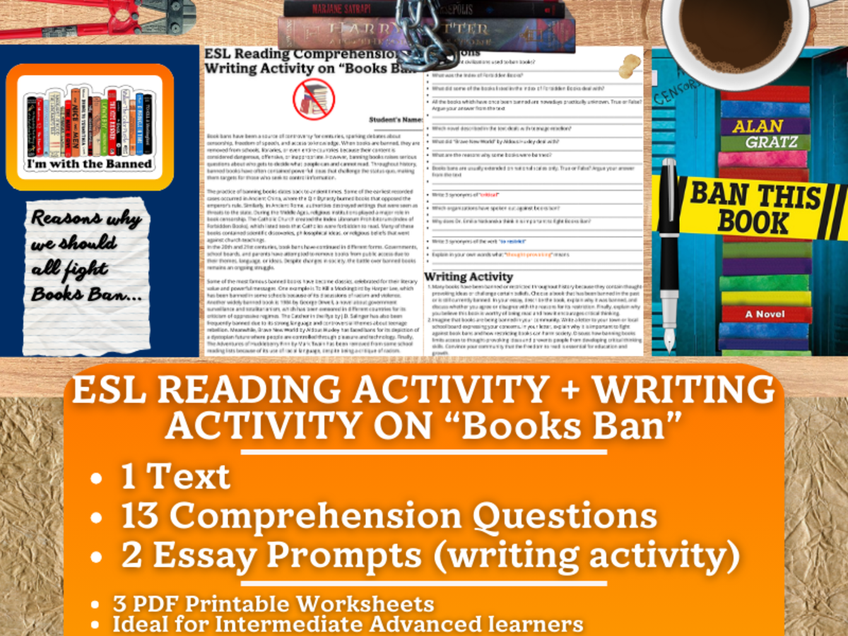 An educational teaching resource from Learning with Alan entitled ESL Reading Comprehension + Writing Activity Worksheets on "Books Ban" downloadable at Teach Simple.