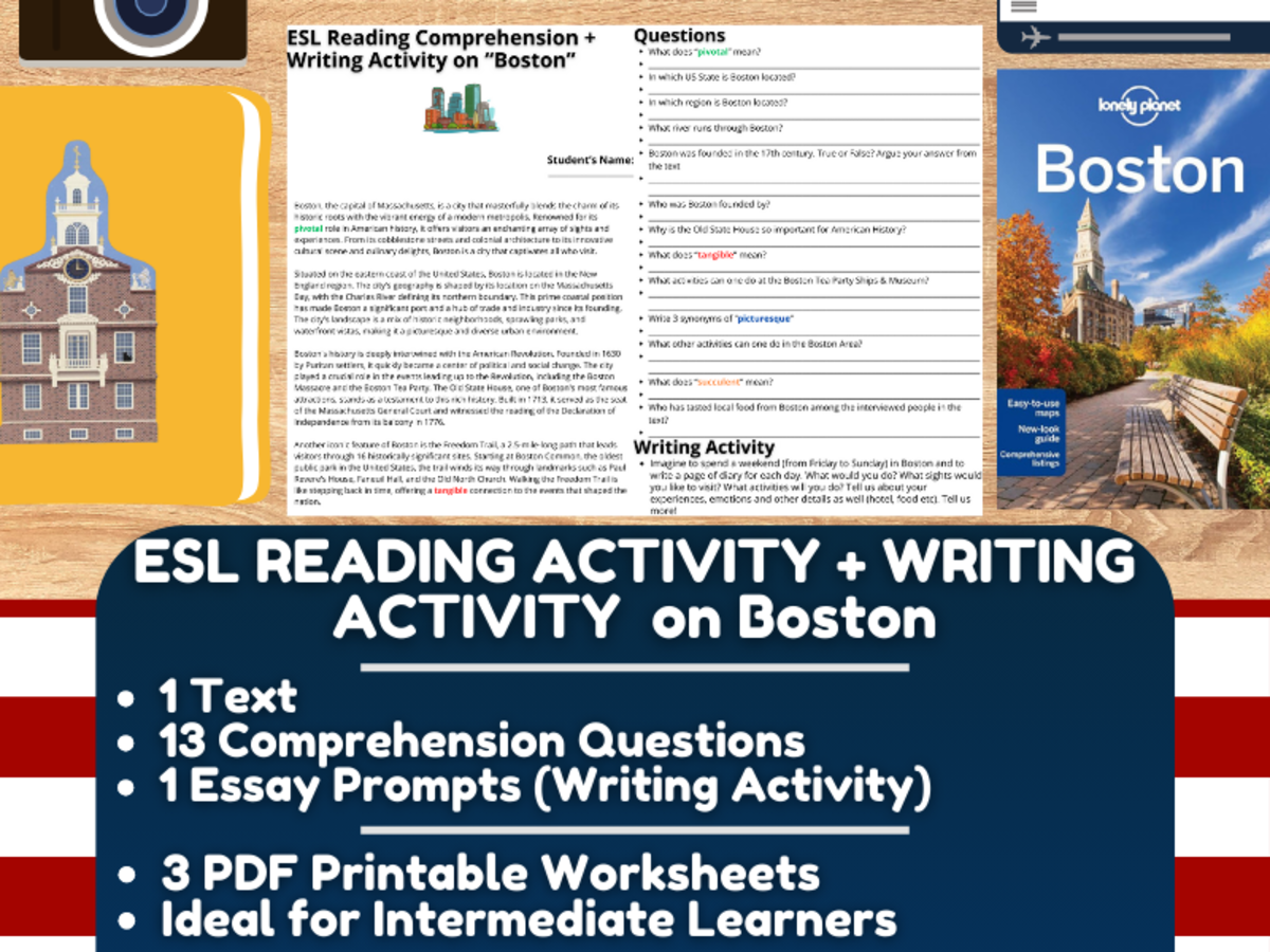 An educational teaching resource from Learning with Alan entitled ESL Reading Comprehension + Writing activity Worksheets on Boston downloadable at Teach Simple.