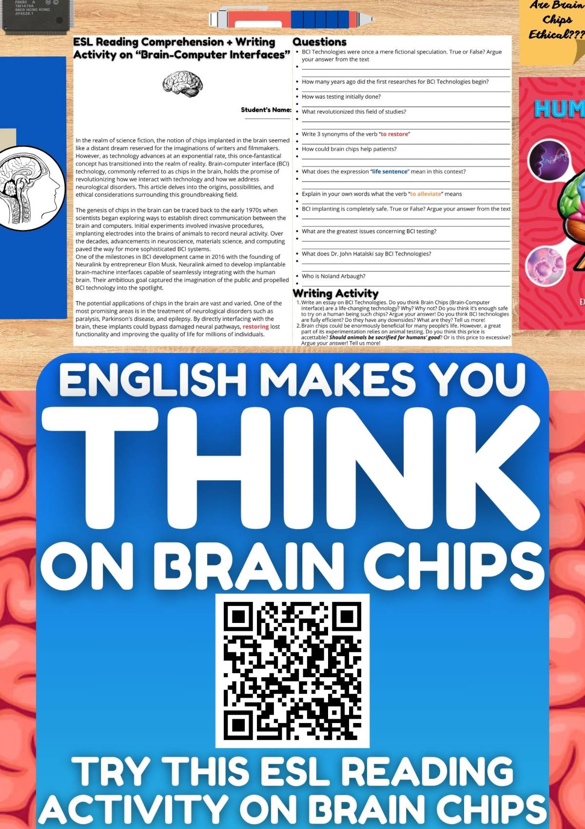 An educational teaching resource from Learning with Alan entitled ESL Reading Comprehension + Writing Activity Worksheets on Brain Chips downloadable at Teach Simple.