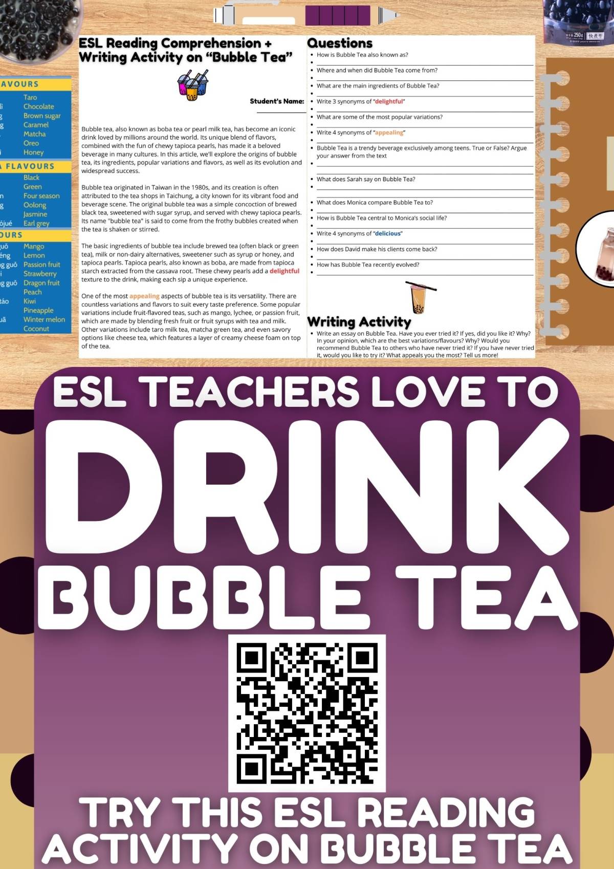 An educational teaching resource from Learning with Alan entitled ESL Reading Comprehension + Writing Activity Worksheets on Bubble Tea downloadable at Teach Simple.
