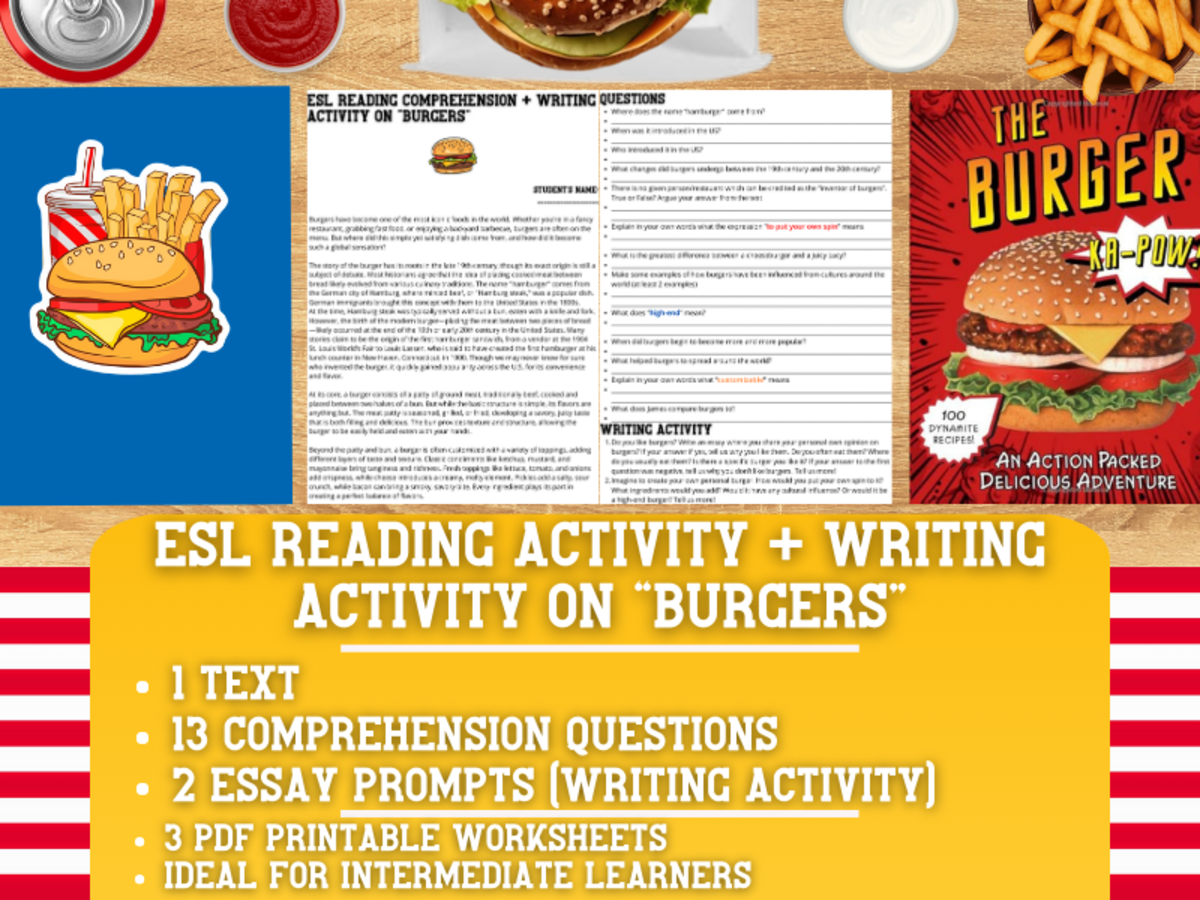 An educational teaching resource from Learning with Alan entitled ESL Reading Comprehension + Writing Activity Worksheets on Burgers downloadable at Teach Simple.