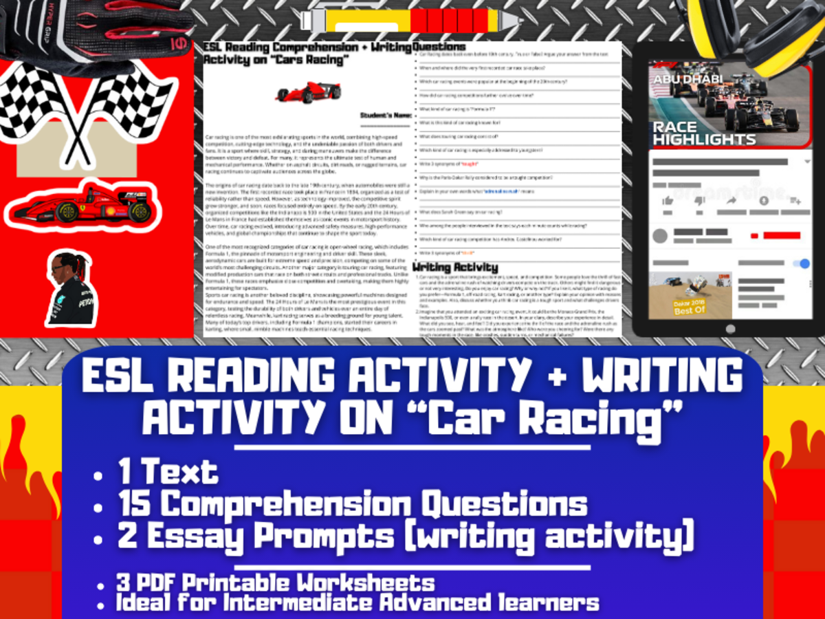 An educational teaching resource from Learning with Alan entitled ESL Reading Comprehension + Writing Activity Worksheets on Car Racing downloadable at Teach Simple.