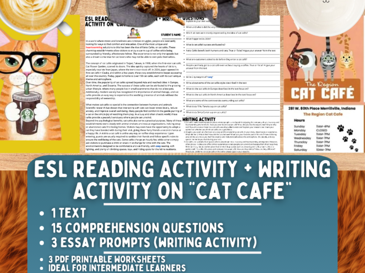 An educational teaching resource from Learning with Alan entitled ESL Reading Comprehension + Writing Activity Worksheets on "Cat Café" downloadable at Teach Simple.