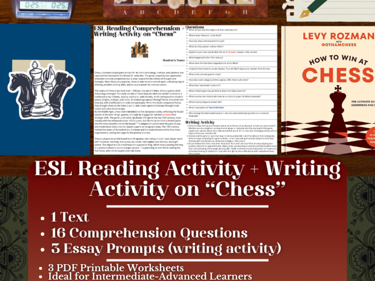 An educational teaching resource from Learning with Alan entitled ESL Reading Comprehension + Writing Activity Worksheets on "Chess" downloadable at Teach Simple.