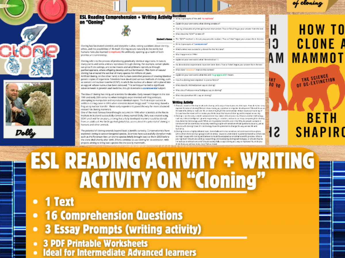 An educational teaching resource from Learning with Alan entitled ESL Reading Comprehension + Writing Activity Worksheets on "Cloning" downloadable at Teach Simple.