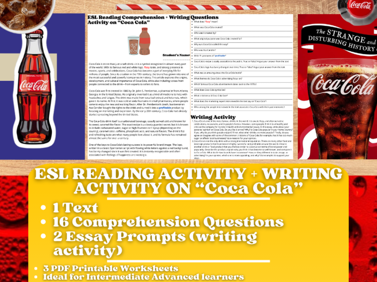 An educational teaching resource from Learning with Alan entitled ESL Reading Comprehension + Writing Activity Worksheets on "Coca Cola" downloadable at Teach Simple.