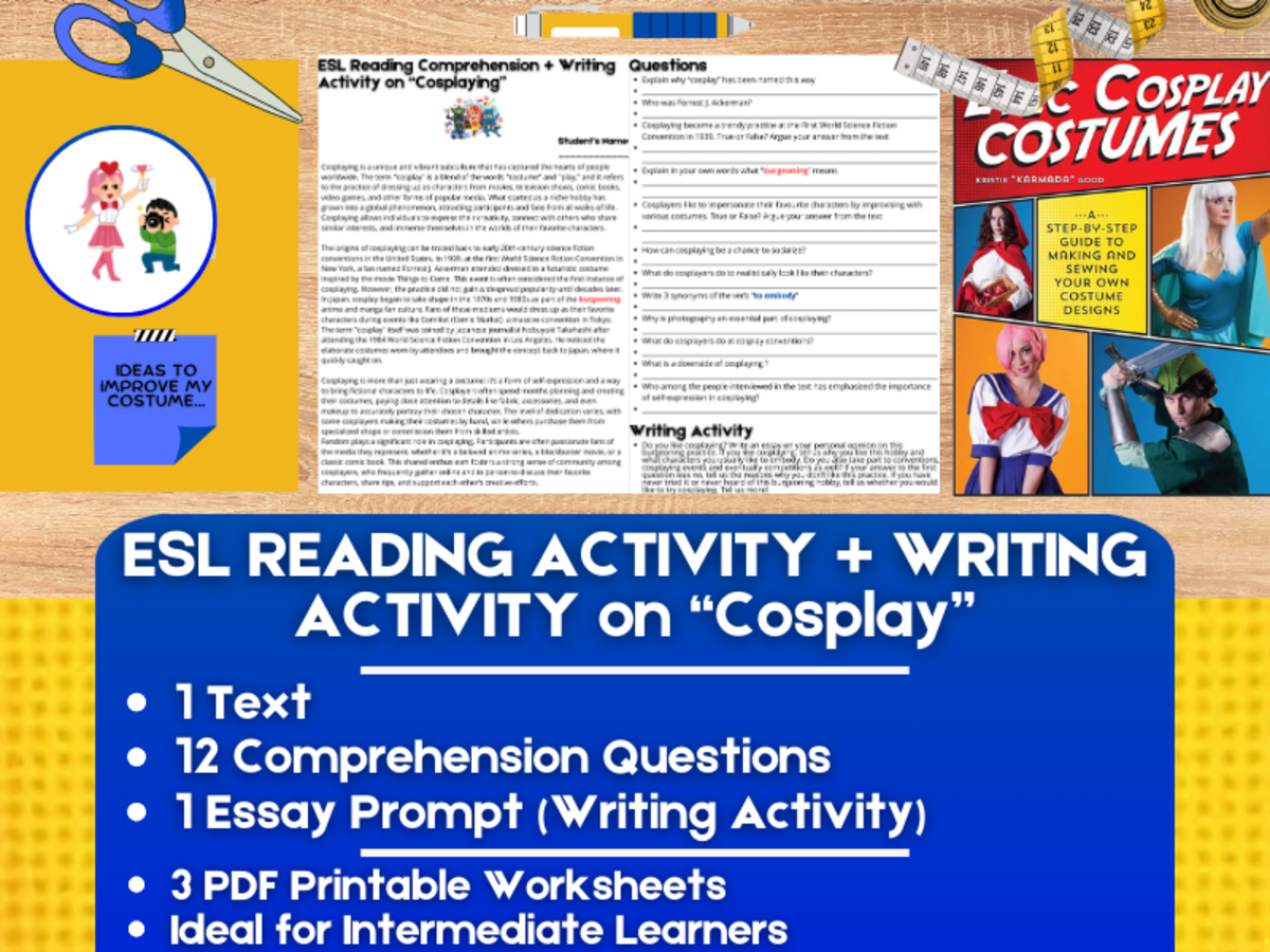 An educational teaching resource from Learning with Alan entitled ESL Reading Comprehension + Writing Activity Worksheets on Cosplay downloadable at Teach Simple.