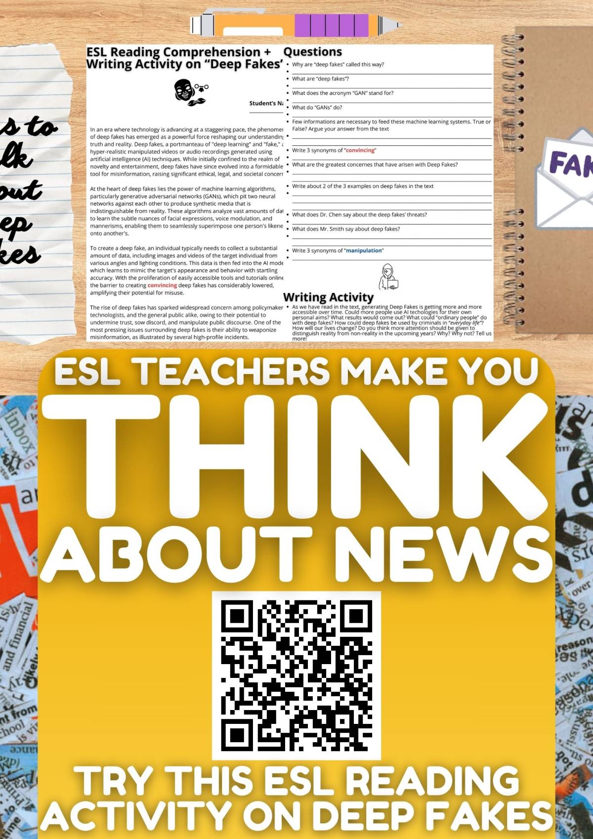 An educational teaching resource from Learning with Alan entitled ESL Reading Comprehension + Writing Activity Worksheets on Deep Fakes downloadable at Teach Simple.
