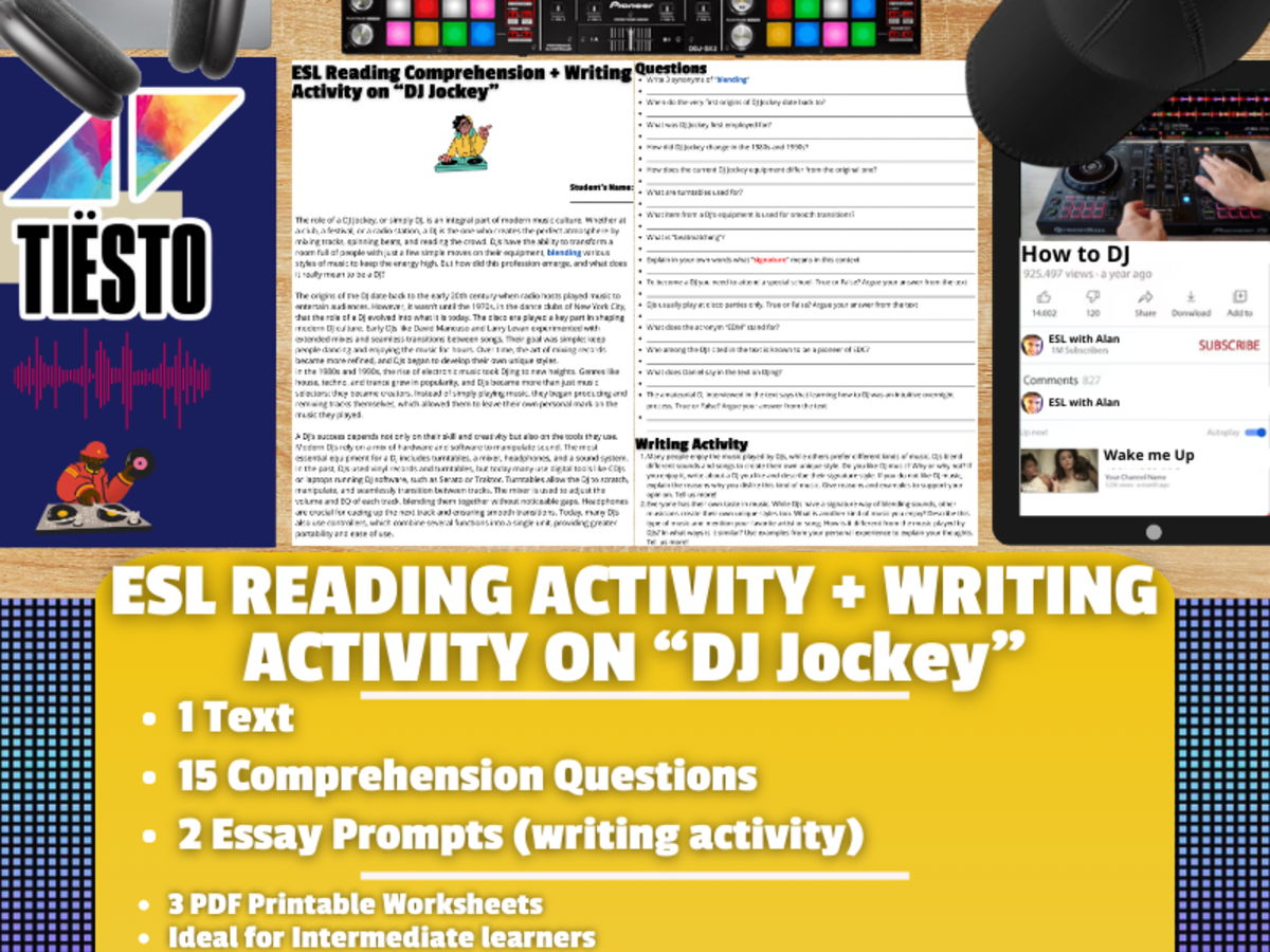 An educational teaching resource from Learning with Alan entitled ESL Reading Comprehension + Writing Activity Worksheets on "DJ Jockey" downloadable at Teach Simple.