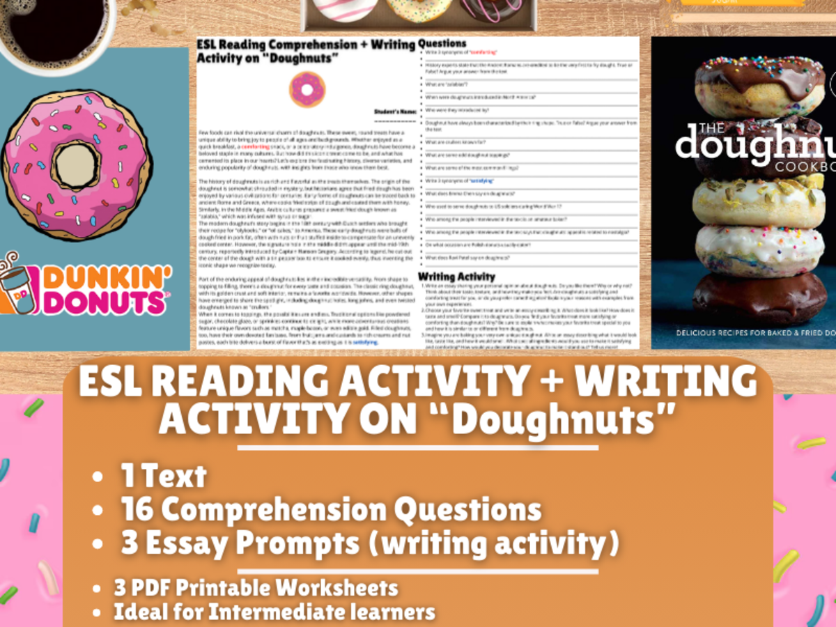 An educational teaching resource from Learning with Alan entitled ESL Reading Comprehension + Writing Activity Worksheets on "Doughnuts" downloadable at Teach Simple.