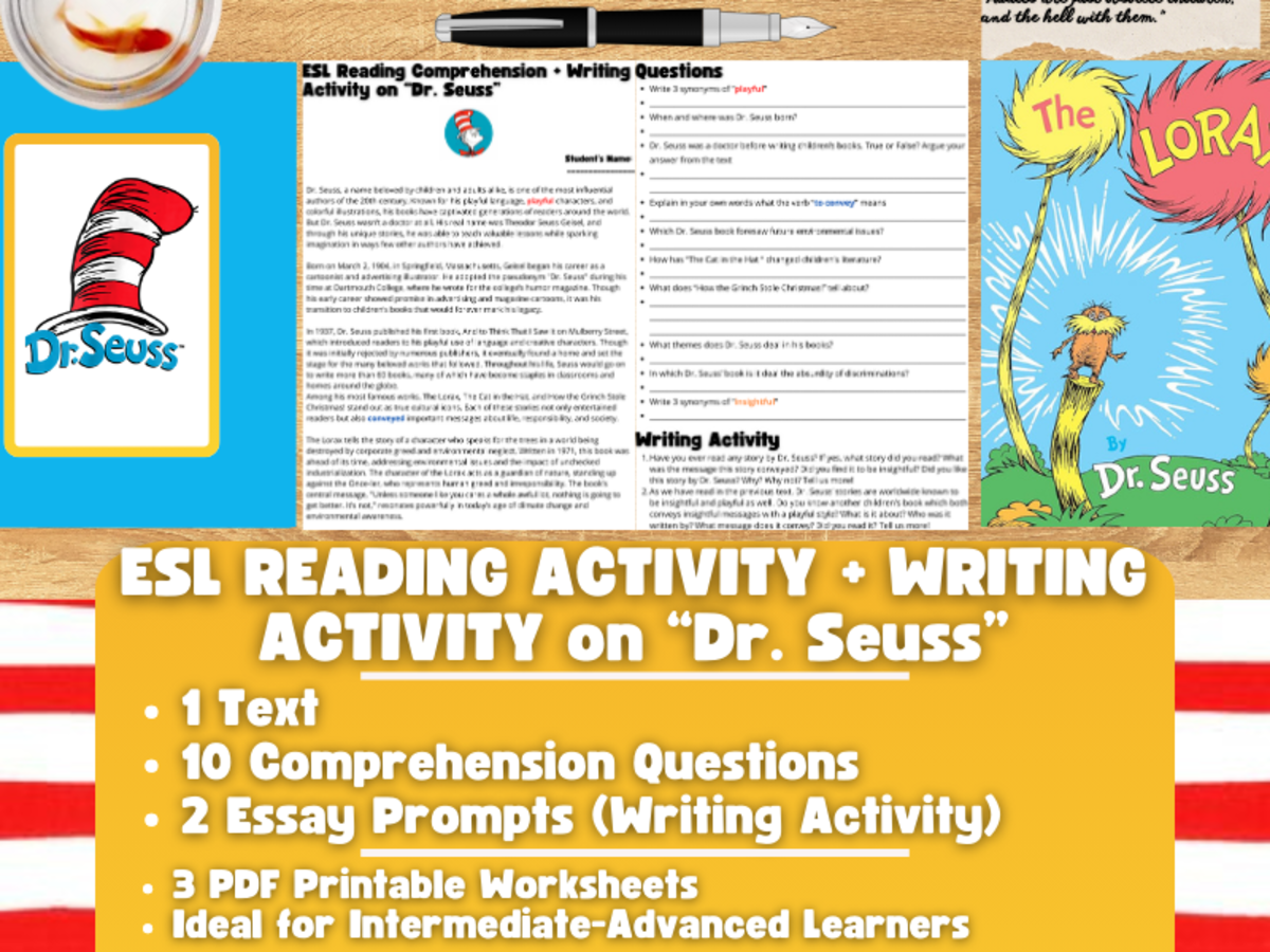 An educational teaching resource from Learning with Alan entitled ESL Reading Comprehension + Writing Activity Worksheets on Dr. Seuss downloadable at Teach Simple.