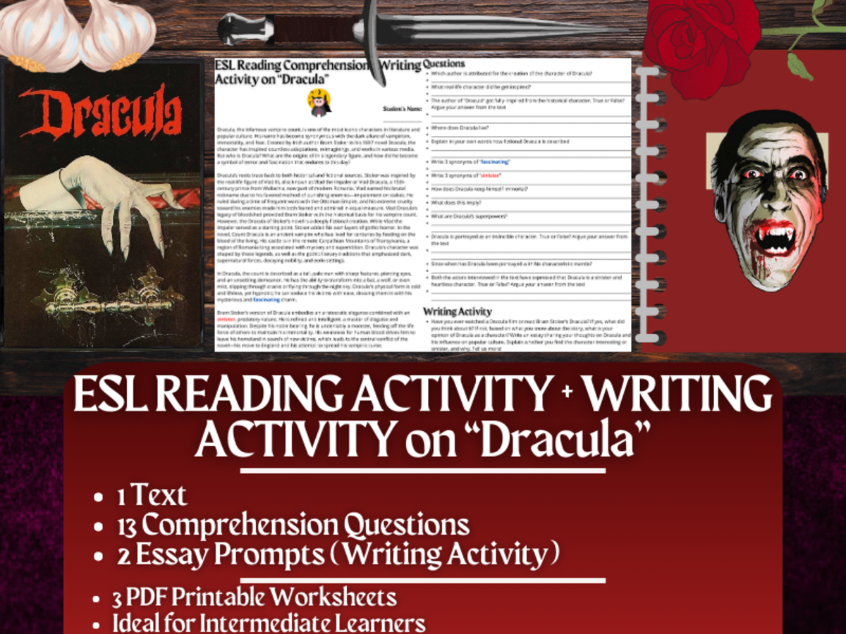 An educational teaching resource from Learning with Alan entitled ESL Reading Comprehension + Writing Activity Worksheets on Dracula downloadable at Teach Simple.
