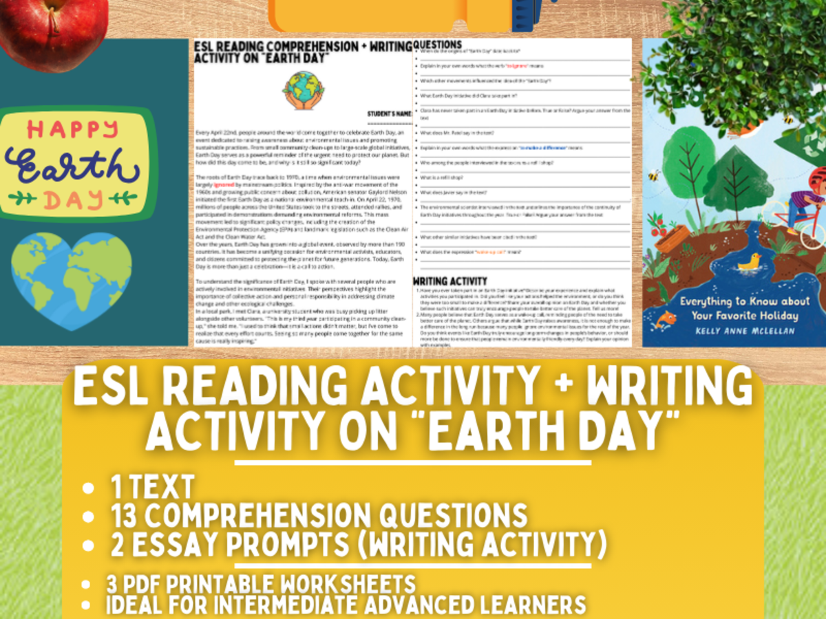 An educational teaching resource from Learning with Alan entitled ESL Reading Comprehension + Writing Activity Worksheets on "Earth Day" downloadable at Teach Simple.