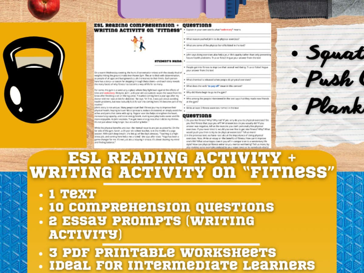 An educational teaching resource from Learning with Alan entitled ESL Reading Comprehension + Writing Activity Worksheets on Fitness downloadable at Teach Simple.