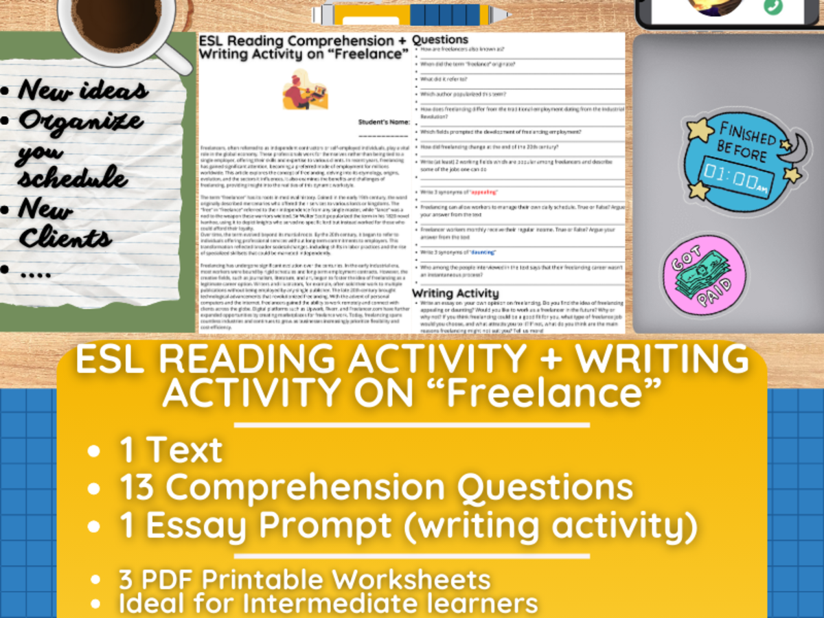 An educational teaching resource from Learning with Alan entitled ESL Reading Comprehension + Writing Activity Worksheets on "Freelance" downloadable at Teach Simple.