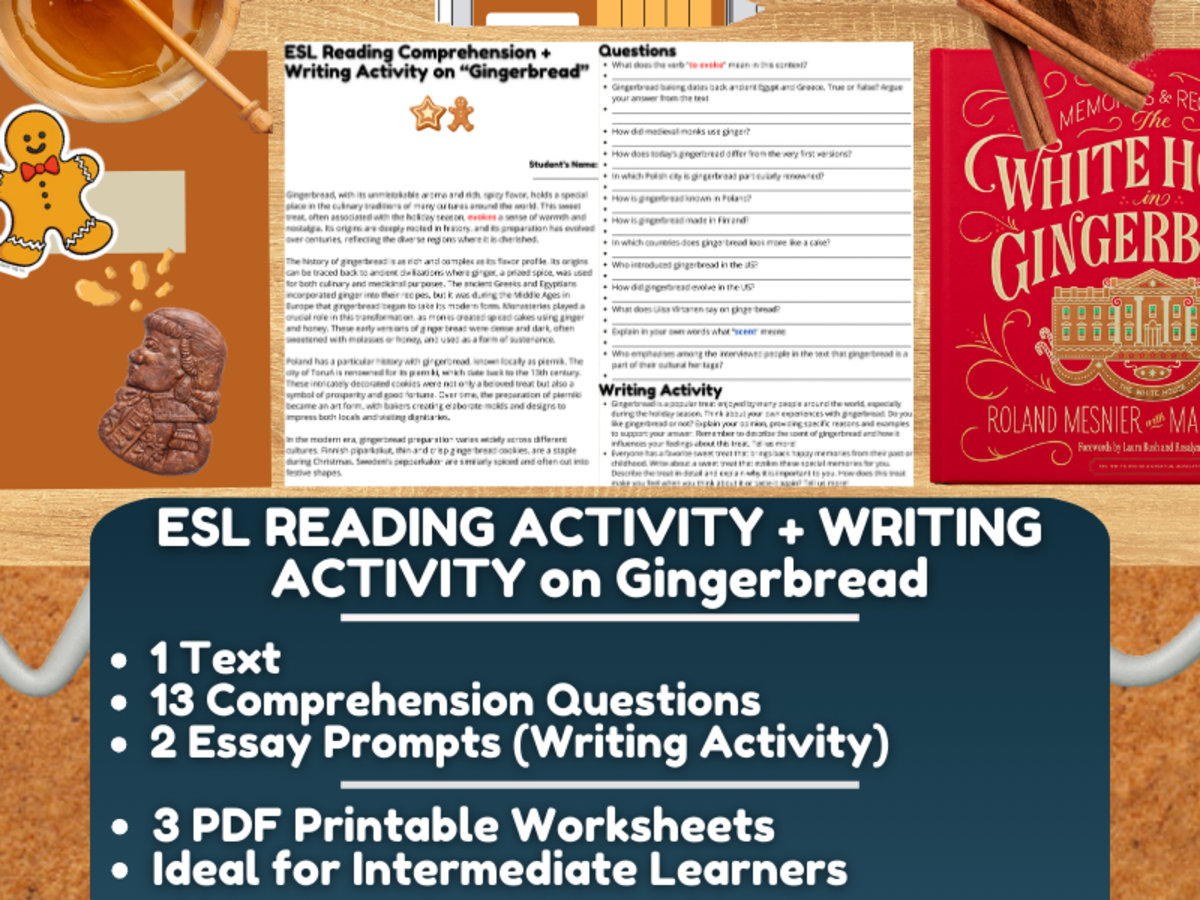 An educational teaching resource from Learning with Alan entitled ESL Reading Comprehension + Writing Activity Worksheets on Gingerbread downloadable at Teach Simple.