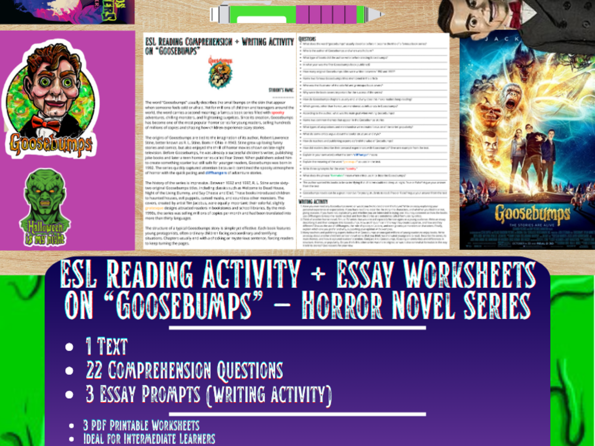 An educational teaching resource from Learning with Alan entitled ESL Reading Comprehension + Writing Activity Worksheets on Goosebumps downloadable at Teach Simple.