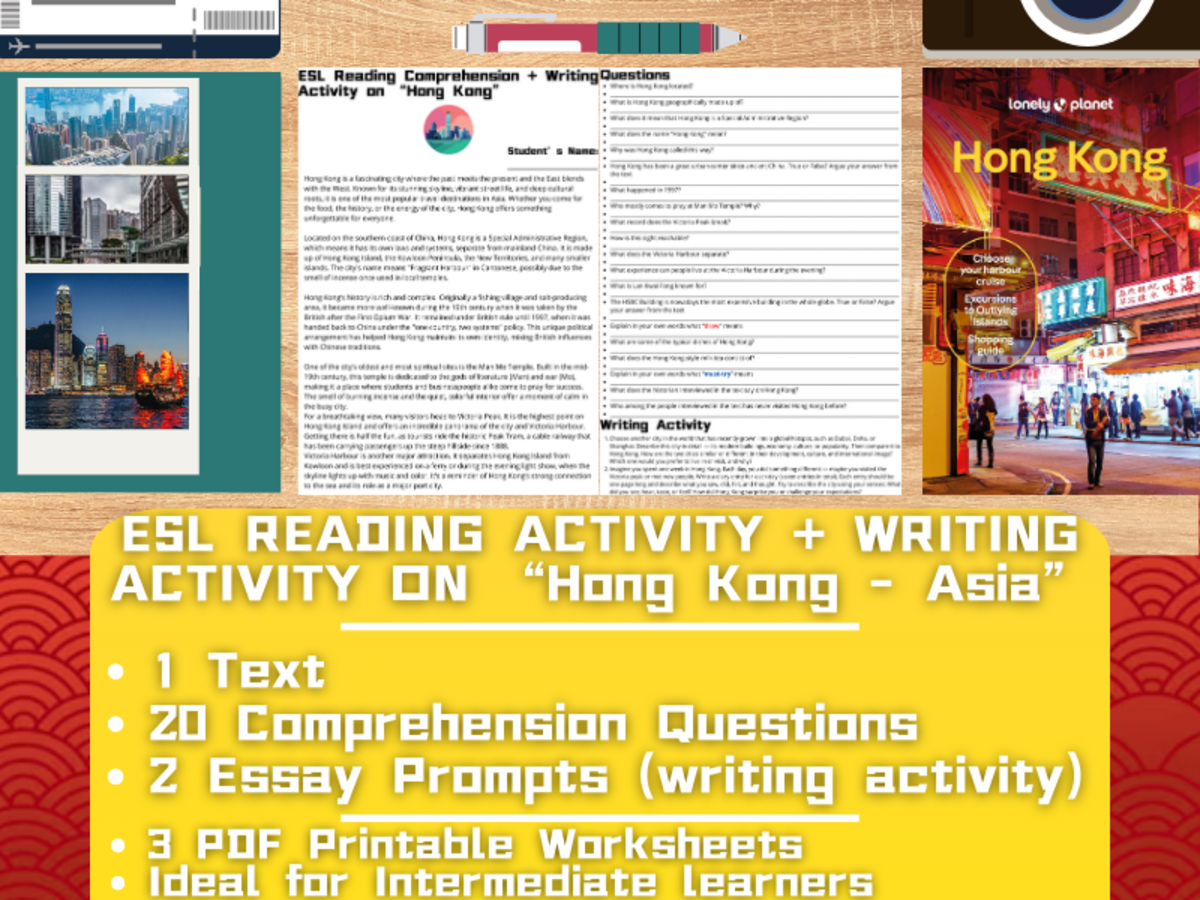 An educational teaching resource from Learning with Alan entitled ESL Reading Comprehension + Writing Activity Worksheets on "Hong Kong" downloadable at Teach Simple.