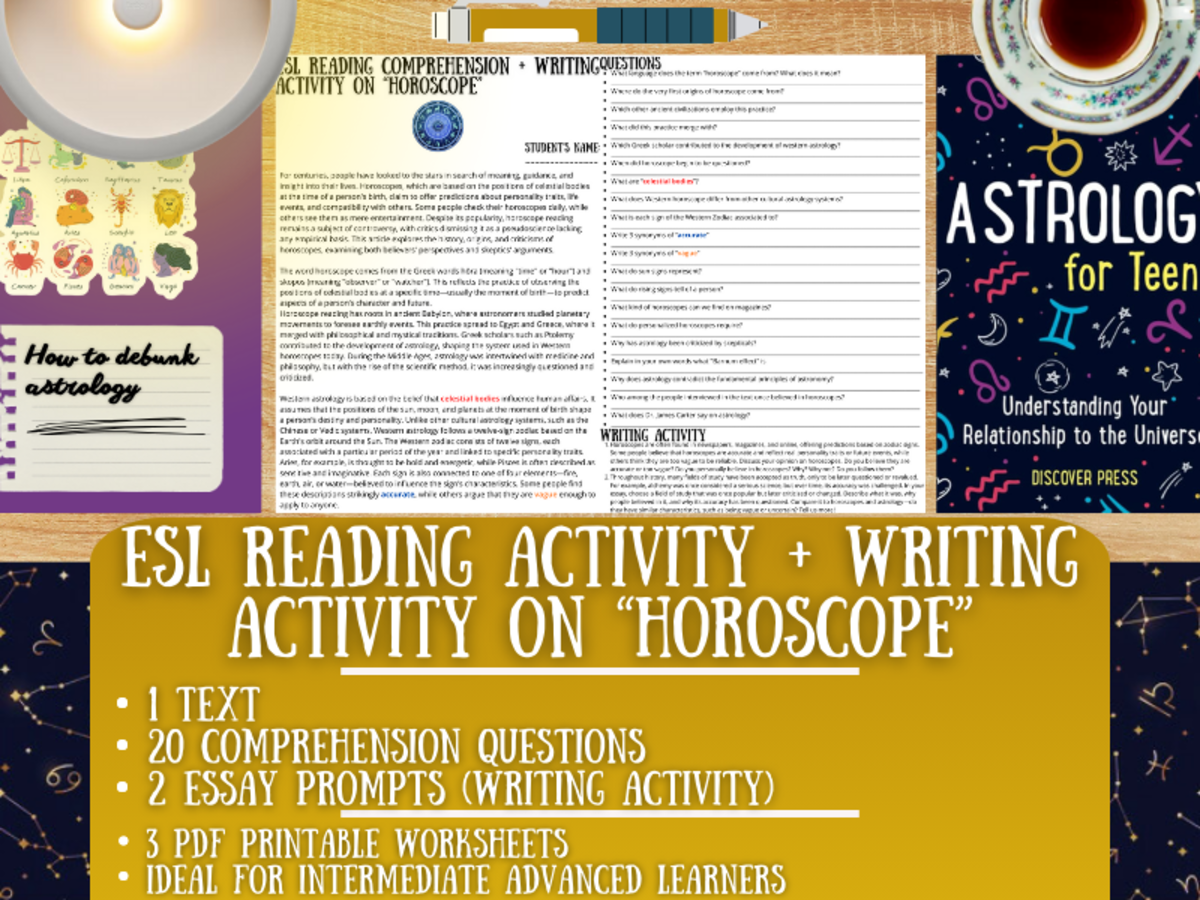 An educational teaching resource from Learning with Alan entitled ESL Reading Comprehension + Writing Activity Worksheets on "Horoscope" downloadable at Teach Simple.