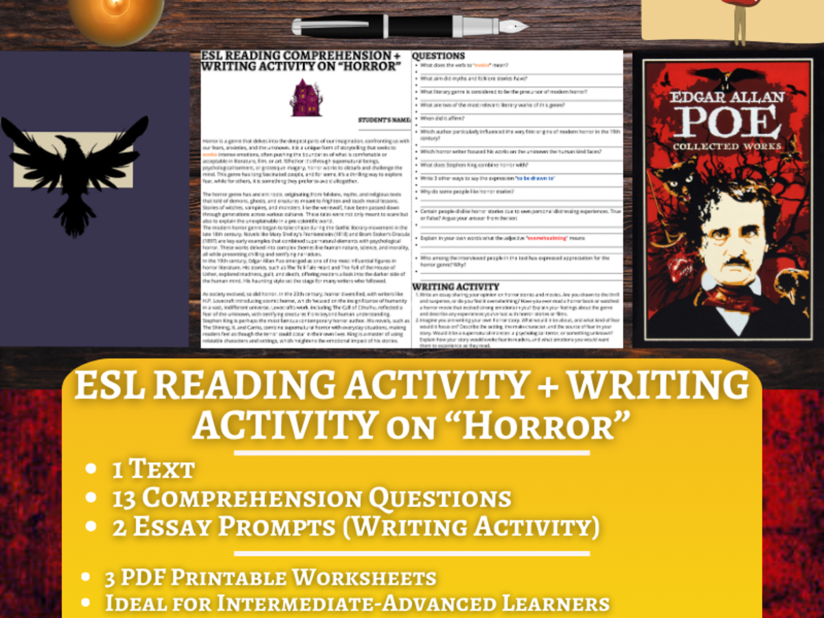 An educational teaching resource from Learning with Alan entitled ESL Reading Comprehension + Writing Activity Worksheets on "Horror" downloadable at Teach Simple.