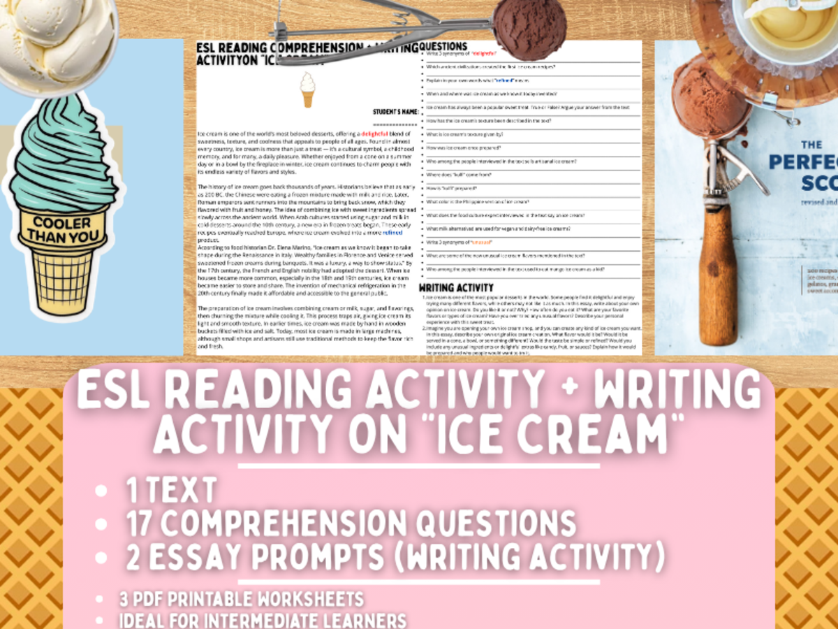 An educational teaching resource from Learning with Alan entitled ESL Reading Comprehension + Writing Activity Worksheets on "Ice Cream" downloadable at Teach Simple.